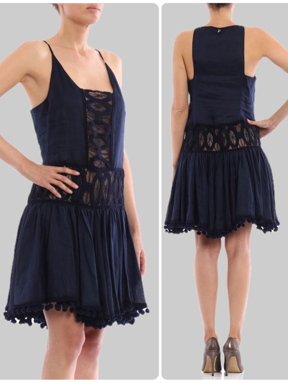 Dondup Hermeline Navy Blue Lace Insert Pom Hem Mini Dress NWT $539 Made in Italy